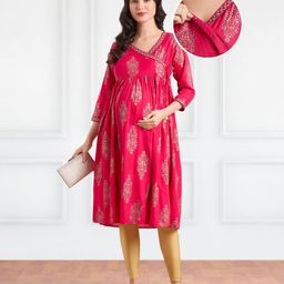 Bella Mama Woven Three Fourth Sleeves Maternity Kurta with Embroidered Neck & Pocket -Dark pink-picture-45