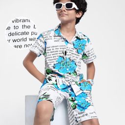 Ollington St. Cotton Co-Ord Set of Half Sleeves Floral & Text Printed Shirt & Shorts - White-20