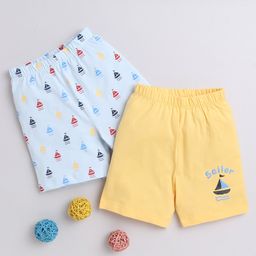 BUMZEE Cotton Woven Above Knee Length Shorts with Nautical Theme Print Pack of 2 - Yellow & Light Blue-image-80