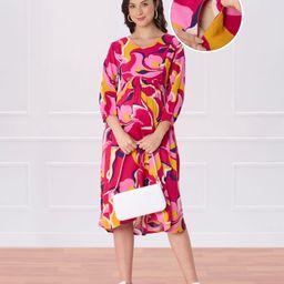 Bella Mama Woven Half Sleeves Maternity Dress With Leaves Print - Pink-image-57