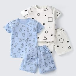 Nite Flite Cotton Knit Pack Of 2 Half Sleeves Monsters & Geometric Printed Coordinating Tees & Shorts Set - Multi Colour-image-37