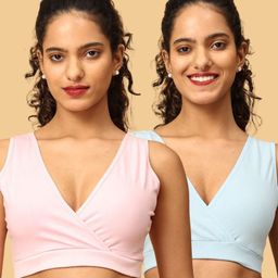 The Mom Store Cotton Knit Pack Of 2 Solid Maternity Nursing Sleep Bras - Blue & Pink-image-98