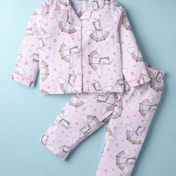 Doreme Cotton Knit Full Sleeves Co-Ord Night Suit With Unicorn Theme Print - Pink-image-88