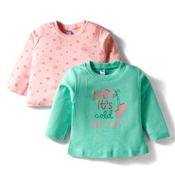 Tango Single Jersey Knit Full Sleeves T-Shirts with Star & Baby Its Cold Outside Text Print Pack of 2 - Pink & Light Green-picture-3