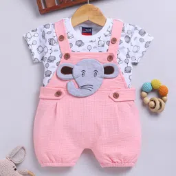 Jb Club Cotton Knit Baby Elephant Face Applique Detailed Dungaree With Half Sleeves Tee Set - Pink-picture-4