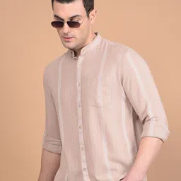 Crimsoune Club Men Classic Slim Fit Band Collar Vertical Striped Cotton Casual Shirt-image-80