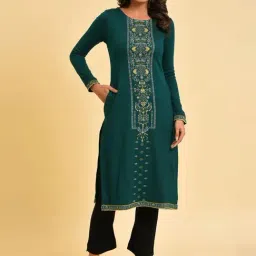W Green Printed Straight Winter Kurta-image-21