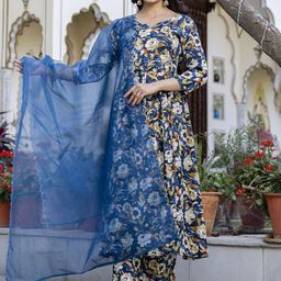 ERISHA Women Floral Printed Cotton A-Line Kurta with Trousers & Dupatta-51