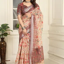 KALINI Floral Zari Linen Blend Khadi Saree-image-10
