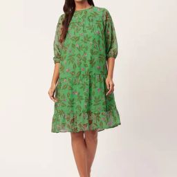 Moomaya Green Printed Shift Dress-image-65