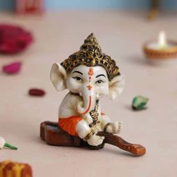 eCraftIndia White Polyresin Lord Ganesha Idol Sitting On Veena Musical Instrument Showpieces-13