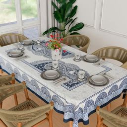 Aura Blue & White Floral Printed Anti-Skid Cotton 6-Seater Table Cover-36
