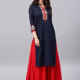 Vishudh Women Navy Blue Yoke Design Straight Kurta-image-67