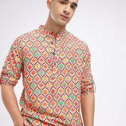 Anouk Rustic Band Collar Ethnic Motifs Printed Roll-Up Sleeves Kurta-14