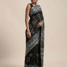 Geroo Jaipur Black & Grey Silk Printed Saree With Unstitched Blouse image 3