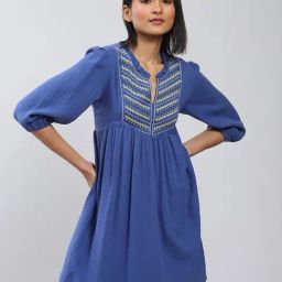 Label Ritu Kumar Blue Embroidered Skater Dress-image-96