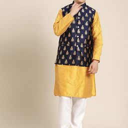 SOJANYA Men Mustard Yellow & Beige Striped Thread Work Straight Kurta Churidar NehruJacket-picture-41
