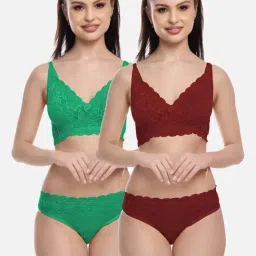FIMS: Fashion is my Style Green & Maroon Cotton Lace Work Lingerie Set - Pack Of 2-image-95