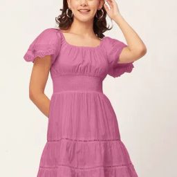 Moomaya Pink Cotton Fit & Flare Dress-image-48