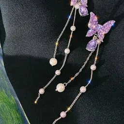 Celestique Silver-Plated Crystals Studded & Pearls Beaded Butterfly Shaped Drop Earrings-image-21