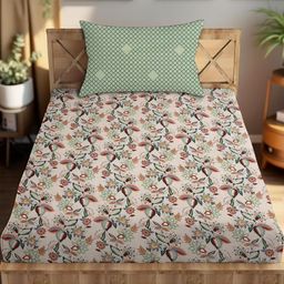 IVAZA Peach-Coloured Floral 350 TC Single Bedsheet with 1 Pillow Cover-image-93