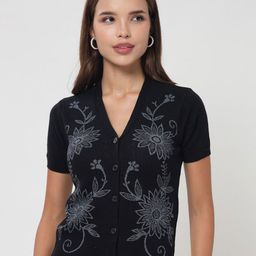 Kalt Women Floral Print Monochrome V-Neck Cardigan-image-17