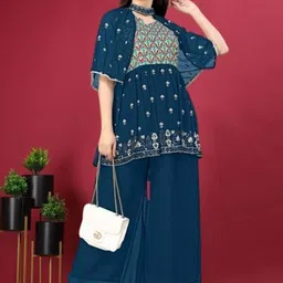 PARROT CREATION Women Embroidered Regular Sequinned Kurti with Sharara & With Dupatta-image-76
