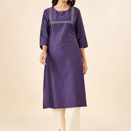 RANGMANCH BY PANTALOONS Polka Dot PrintedThread Work Notch Neck A Line Kurta-image-81