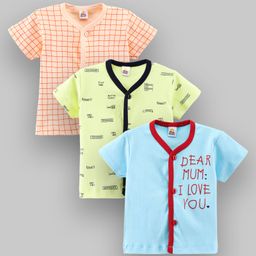 Mini Donuts Half Sleeves Checks Vests Text Print Pack of 3 - Peach Blue Green-image-45