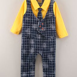 Wow Clothes Cotton Woven Full Sleeves Romper with Waistcoat & Tie Checkered - Lemon-image-38
