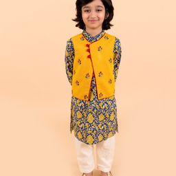 Pspeaches Full Sleeves Floral Printed Kurta With Embroidered Jacket & Pajama Set - Navy Blue-image-83