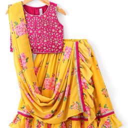 Babyhug Sleeveless Embroidered Choli with Floral Printed Lehenga and Dupatta Set - Yellow-image-34