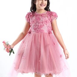 Mark & Mia Half Sleeves Embroidered Party Frock with Corsage and Beads - Pink-image-1