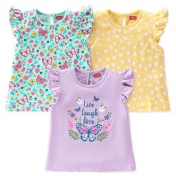 Babyhug 100% Cotton Frill Sleeves Tops with Floral Graphics Pack of 3 - Purple Green & Yellow-image-85