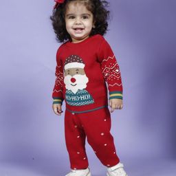 Greendeer Christmas Theme Full Sleeves Santa Design Detailed Jacquard 100% Cotton Sweater & Lower Set - Cherry Red-image-31
