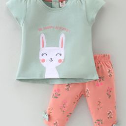 ToffyHouse Cotton Half Sleeves Top and Capri Set With Kitty Patch & Floral Print - Green & Pink-picture-15