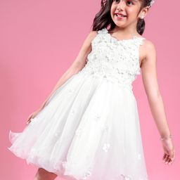 Mark & Mia Woven Sleeveless Knee Length Partywear Frock with Floral Applique - White-image-55