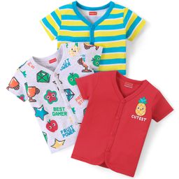 Babyhug 100% Cotton Interlock Knit Half Sleeves Vests with Fruit Print & Stripes Pattern Pack of 3 - Multicolor-82