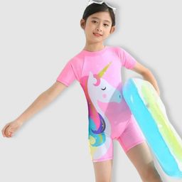Bubble Berry Half Sleeves Unicorn Printed Swimsuit - Pink-image-99