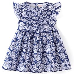 Babyhug Cotton Knit Frill Sleeves Frock With Floral Print - Navy Blue-picture-3