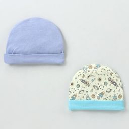 Ben Benny Interlock 100% Cotton Knit Round Cap Space Theme  Print Blue & Light Yellow Pack of 2 -Diameter 9 cm-picture-22