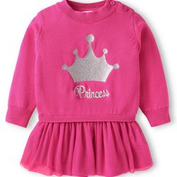 Babyhug Knitted Overlapped Woollen Dress with Text Embroidery - Dark Pink-image-30