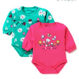Babyoye 100% Cotton Knit Eco Conscious HalfSleeves Floral Printed Onesies Pack of 2 - Dark Pink & Turquoise-image-63