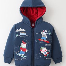 Cucumber Taffeta Woven Full Raglan Sleeves Hooded Sweatjacket with Bears Print - Navy Blue-image-49