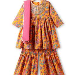 Babyhug Cotton Woven Three Fourth Sleeves Floral Printed Kurti Gharara Set with Dupatta - Orange-image-17