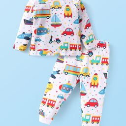Babyhug Cotton Knit Full Sleeves Night Suit With Vehicles Print - White-image-68