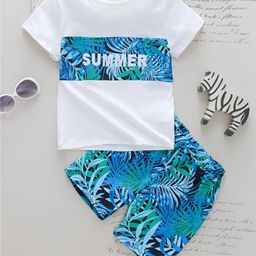 Googo Gaaga Cotton Half Sleeves Leaves Printed Tee & Shorts Set - White-image-47