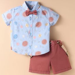 ToffyHouse Cotton Woven Half Sleeves Space Theme Printed Shirt & Shorts Set with Bow & Suspender - Light Blue & Brown-picture-21