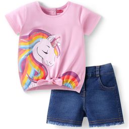 Babyhug Single Jersey Knit Half Sleeves Unicorn Printed Top & Short Set With Bow & Sequin Detailing -Blue & Pink-image-82