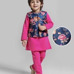 Babyhug Woven Full Sleeves Kurta Pyjama Set With Floral Printed Jacket - Fuchsia-image-40